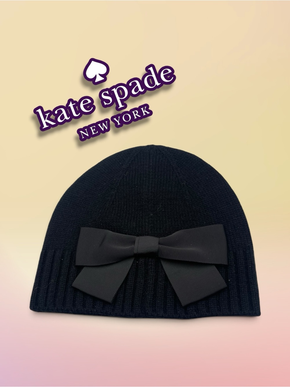 Kate Spade New York Black Knit Grosgrain Bow Beanie Hat OS Women's